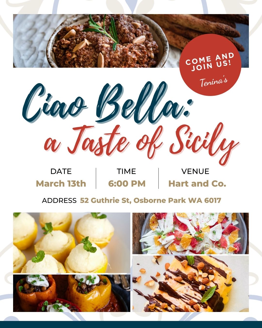 Ciao Bella; A Taste of Sicily CLASS MARCH 13th 6PM